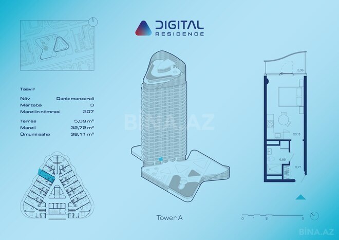 Digital Residence yaşayış kompleksi, mənzilin planı - 1-otaqlı, 38.11 m²