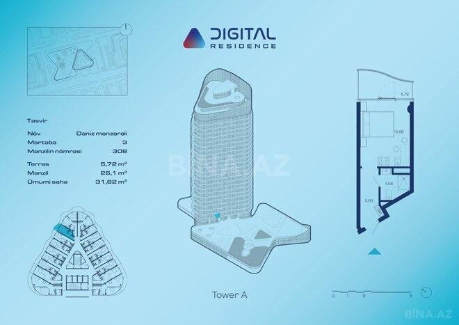 Digital Residence yaşayış kompleksi, mənzilin planı - 1-otaqlı, 31.82 m²