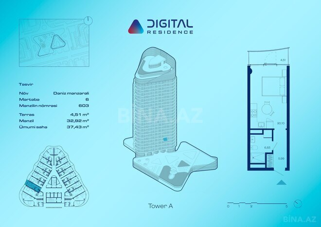 Digital Residence yaşayış kompleksi, mənzilin planı - 1-otaqlı, 37.43 m²