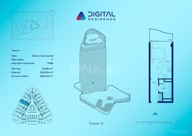 Digital Residence yaşayış kompleksi, mənzilin planı - 1-otaqlı, 38.42 m²