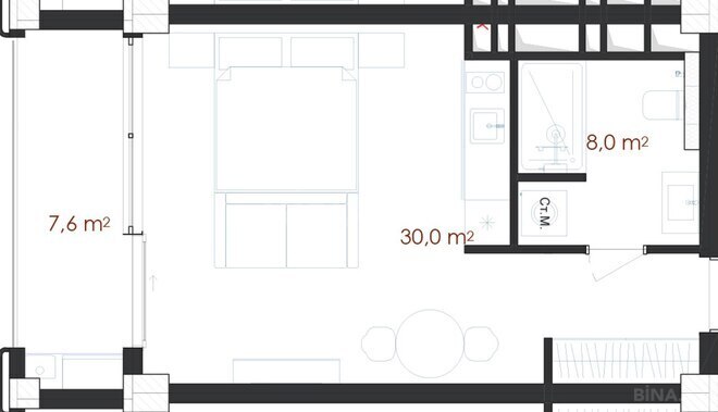 Sea Breeze Renessans Residences yaşayış kompleksi, mənzilin planı - 1-otaqlı, 45.6 m²