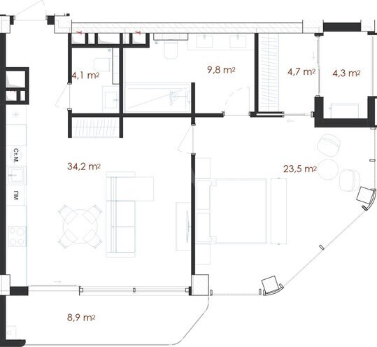 Sea Breeze Renessans Residences yaşayış kompleksi, mənzilin planı - 2-otaqlı, 89.5 m²