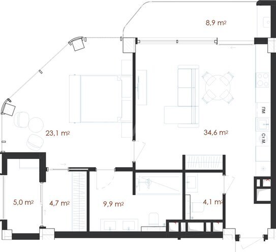 Sea Breeze Renessans Residences yaşayış kompleksi, mənzilin planı - 2-otaqlı, 90.3 m²