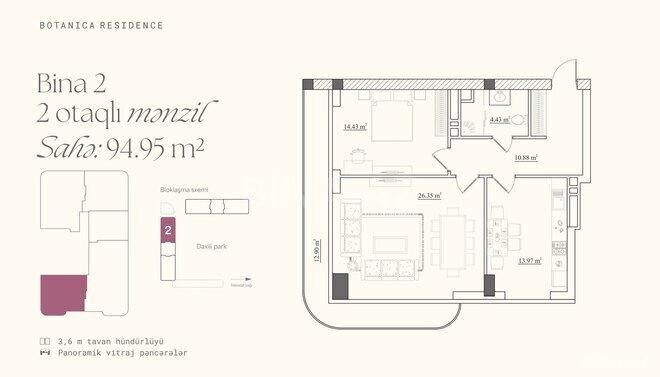 Botanica Residence yaşayış kompleksi, mənzilin planı - 2-otaqlı, 94.95 m²
