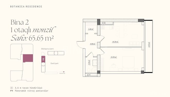 Botanica Residence yaşayış kompleksi, mənzilin planı - 1-otaqlı, 65.65 m²