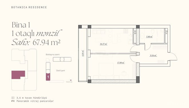 Botanica Residence yaşayış kompleksi, mənzilin planı - 1-otaqlı, 67.94 m²