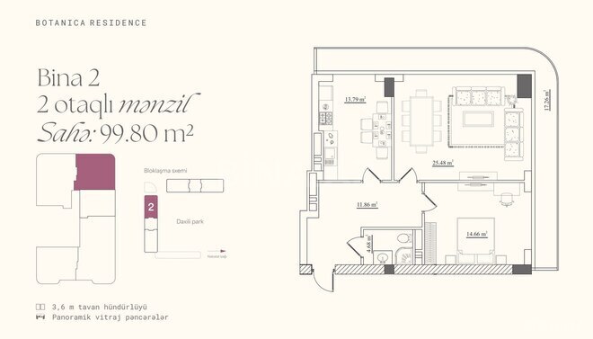 Botanica Residence yaşayış kompleksi, mənzilin planı - 2-otaqlı, 99.8 m²
