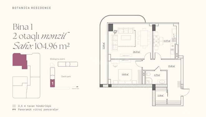 Botanica Residence yaşayış kompleksi, mənzilin planı - 2-otaqlı, 104.96 m²