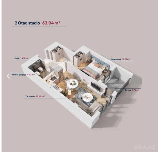 Green by Avant yaşayış kompleksi, mənzilin planı - 1-otaqlı, 53.94 m²