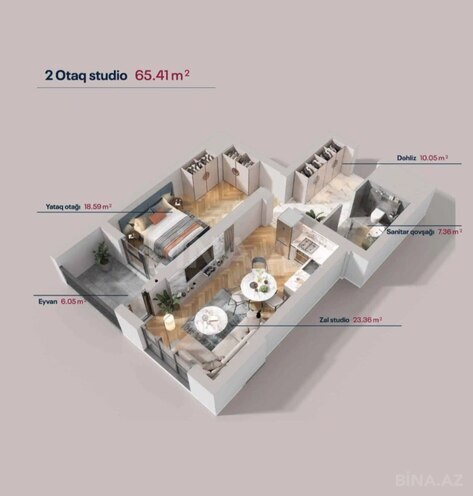 Green by Avant yaşayış kompleksi, mənzilin planı - 1-otaqlı, 65.41 m²