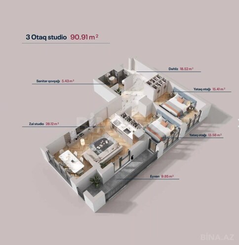 Green by Avant yaşayış kompleksi, mənzilin planı - 2-otaqlı, 90.91 m²