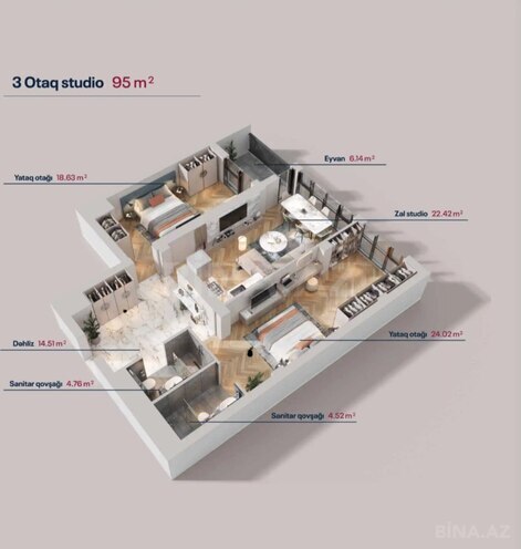 Green by Avant yaşayış kompleksi, mənzilin planı - 2-otaqlı, 95 m²