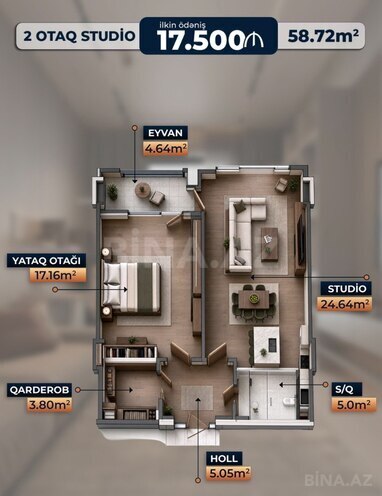 Satılır 2 otaqlı yeni tikili 58.7 m², photo 3 from 6