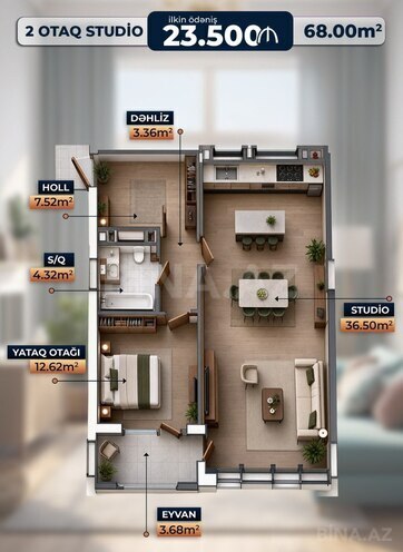 Satılır 2 otaqlı yeni tikili 68 m², photo 3 from 6