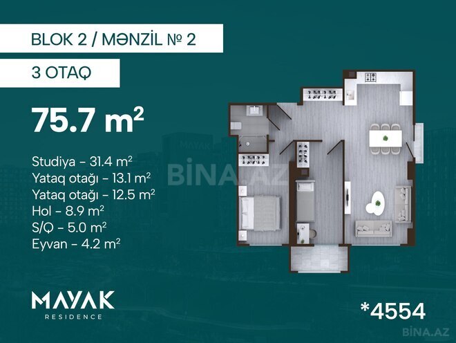 Satılır 3 otaqlı yeni tikili 75.7 m², Zığ q., photo 3 from 14