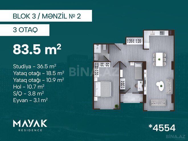 Satılır 3 otaqlı yeni tikili 83.5 m², Zığ q., photo 3 from 12