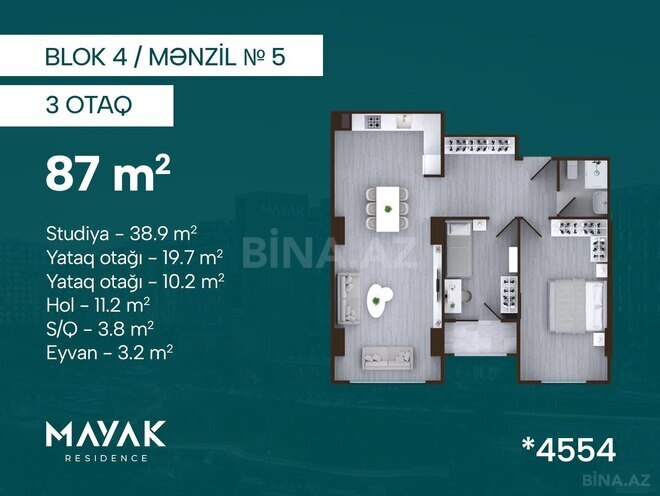 Satılır 3 otaqlı yeni tikili 87 m², Zığ q., photo 3 from 11