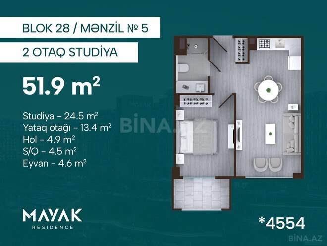 Satılır 2 otaqlı yeni tikili 51.9 m², Zığ q., photo 3 from 14