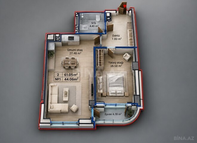 Jasmine Park Yasamal  yaşayış kompleksi, mənzilin planı - 1-otaqlı, 61.5 m²