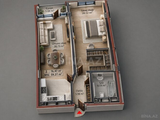 Jasmine Park Yasamal  yaşayış kompleksi, mənzilin planı - 1-otaqlı, 76.47 m²