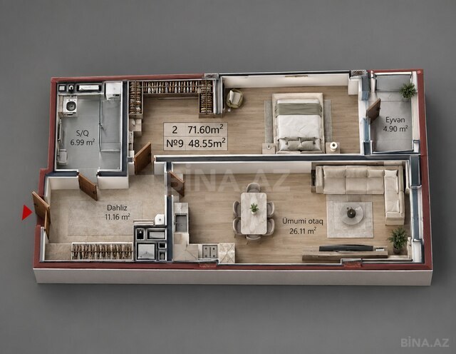 Jasmine Park Yasamal  yaşayış kompleksi, mənzilin planı - 1-otaqlı, 71.6 m²