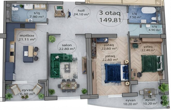 Продаётся 3-комн. новостройка 149.8 м², м. Иншаатчылар, photo 3 from 11