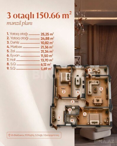 Lux Residence yaşayış kompleksi, mənzilin planı - 3-otaqlı, 150.66 m²