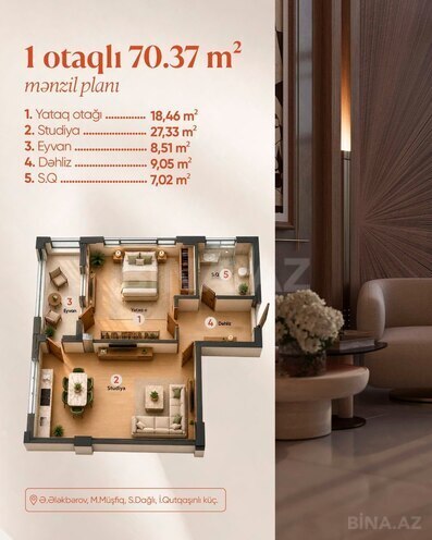 Lux Residence yaşayış kompleksi, mənzilin planı - 1-otaqlı, 70.37 m²