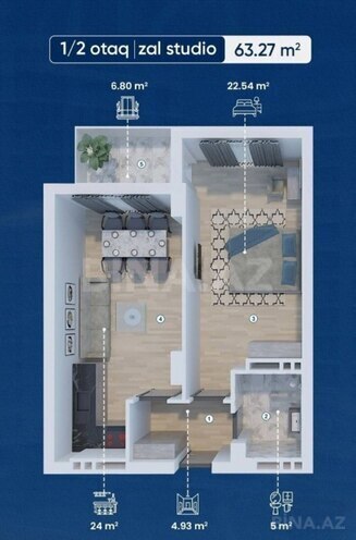 Продаётся 2-комн. новостройка 63.3 м², м. Кероглу, photo 3 from 7