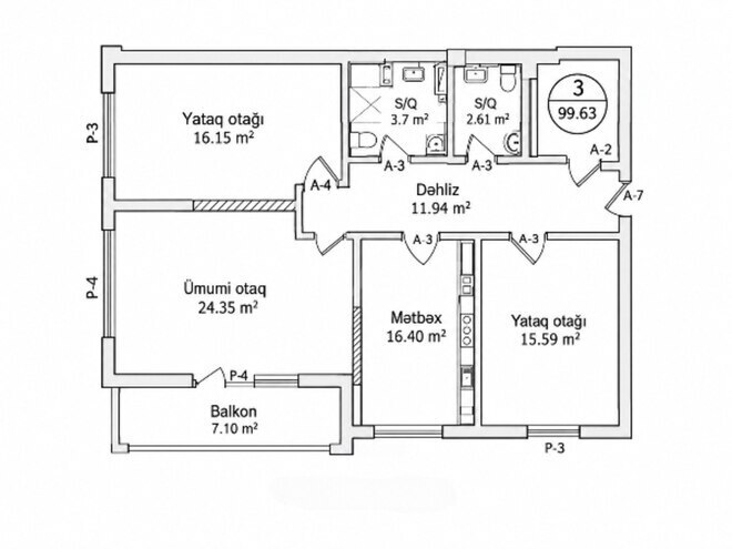 Satılır 3 otaqlı yeni tikili 100 m², Qara Qarayev m., photo 4 from 14