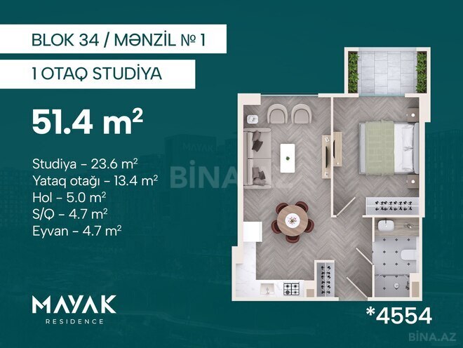 Satılır 1 otaqlı yeni tikili 51.4 m², Zığ q., photo 3 from 13