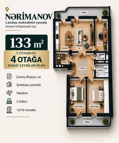 Satılır 3 otaqlı yeni tikili 133 m², Nəriman Nərimanov m., photo 3 from 8
