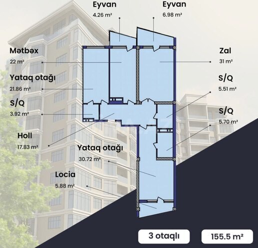Продаётся 3-комн. новостройка 155.5 м², м. Низами, photo 3 from 6