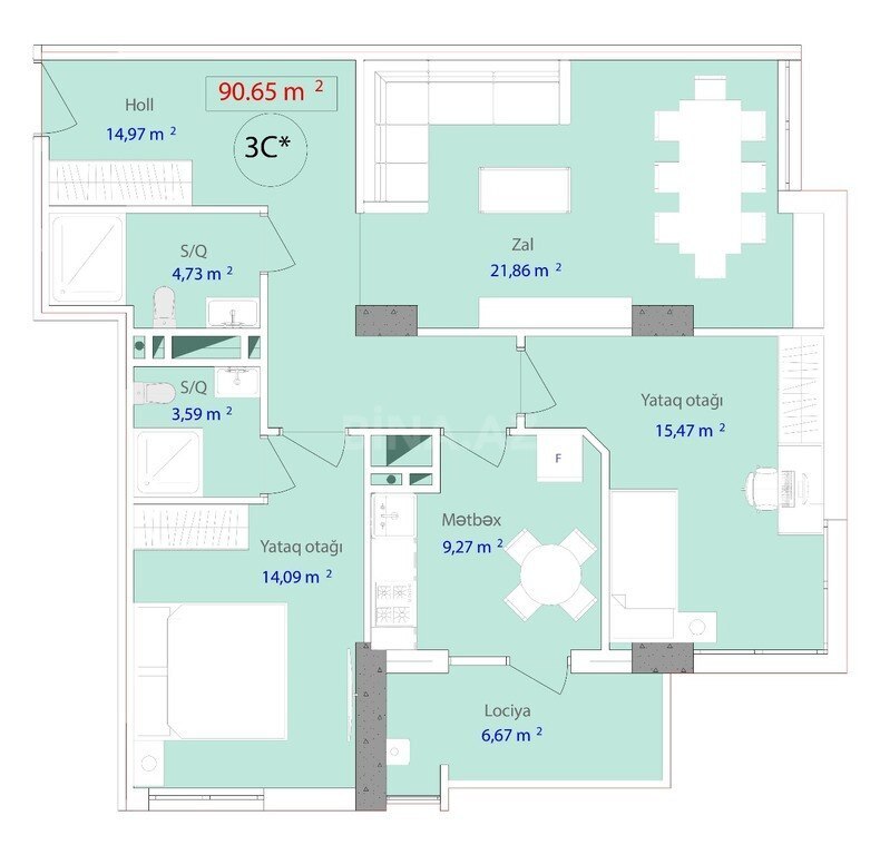 3 otaqlı yeni tikili - 7-ci mikrorayon q. - 90.6 m² (4)
