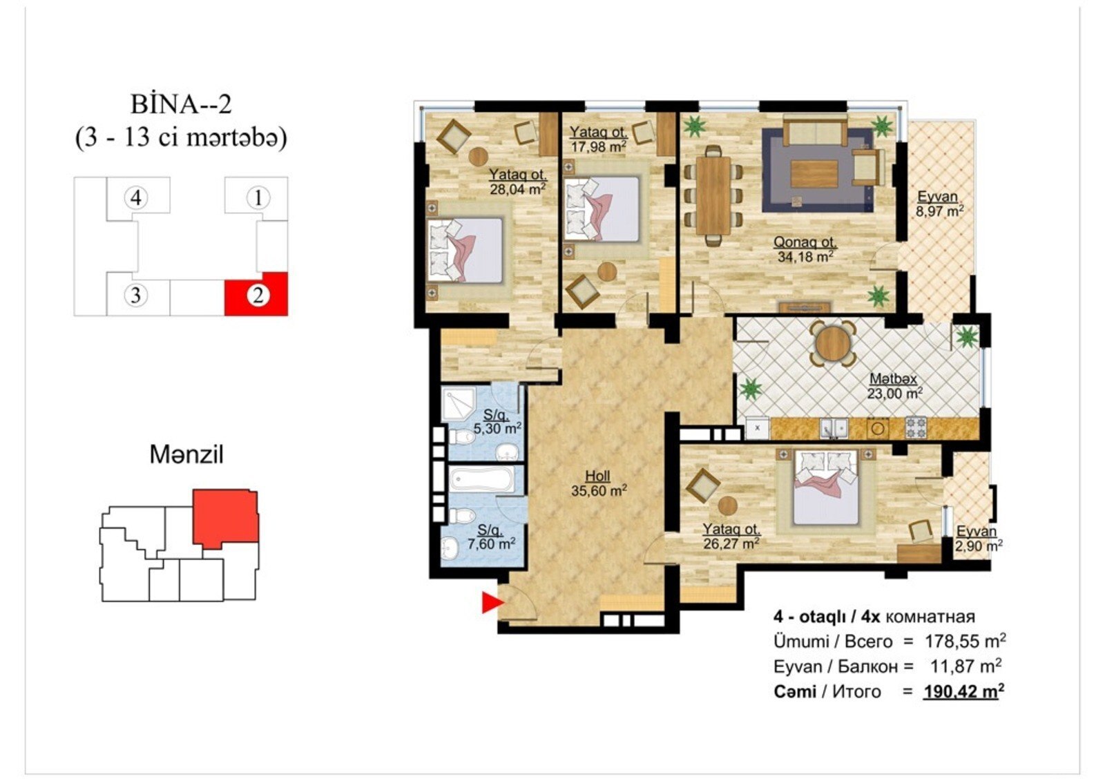 4 otaqlı yeni tikili - Nəsimi r. - 190.4 m² (12)