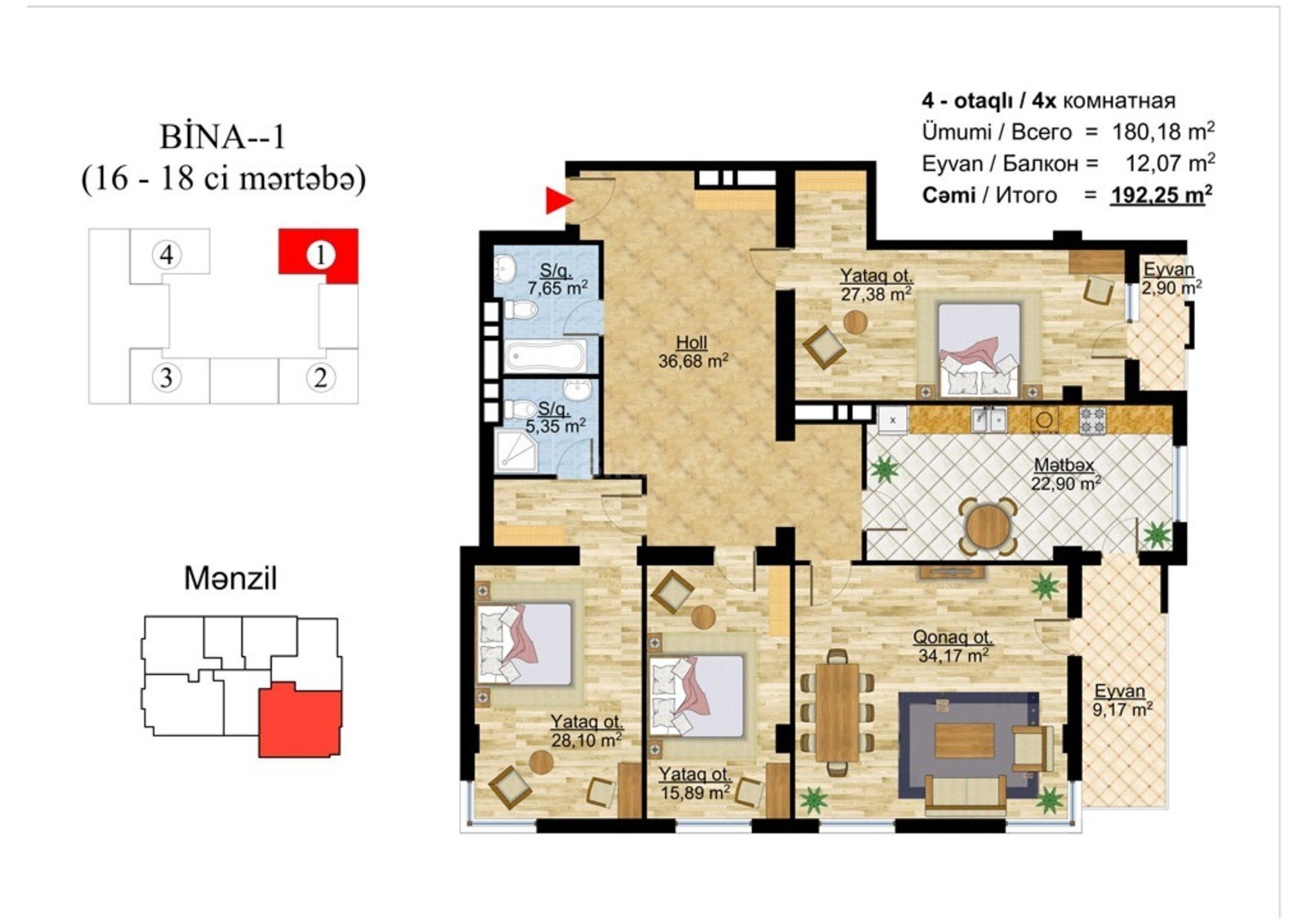4 otaqlı yeni tikili - Nəsimi r. - 192.3 m² (12)