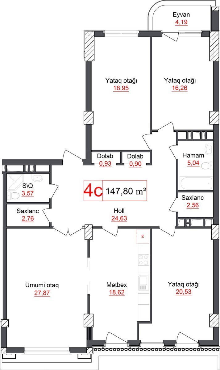 4 otaqlı yeni tikili - Elmlər Akademiyası m. - 147.8 m² (6)