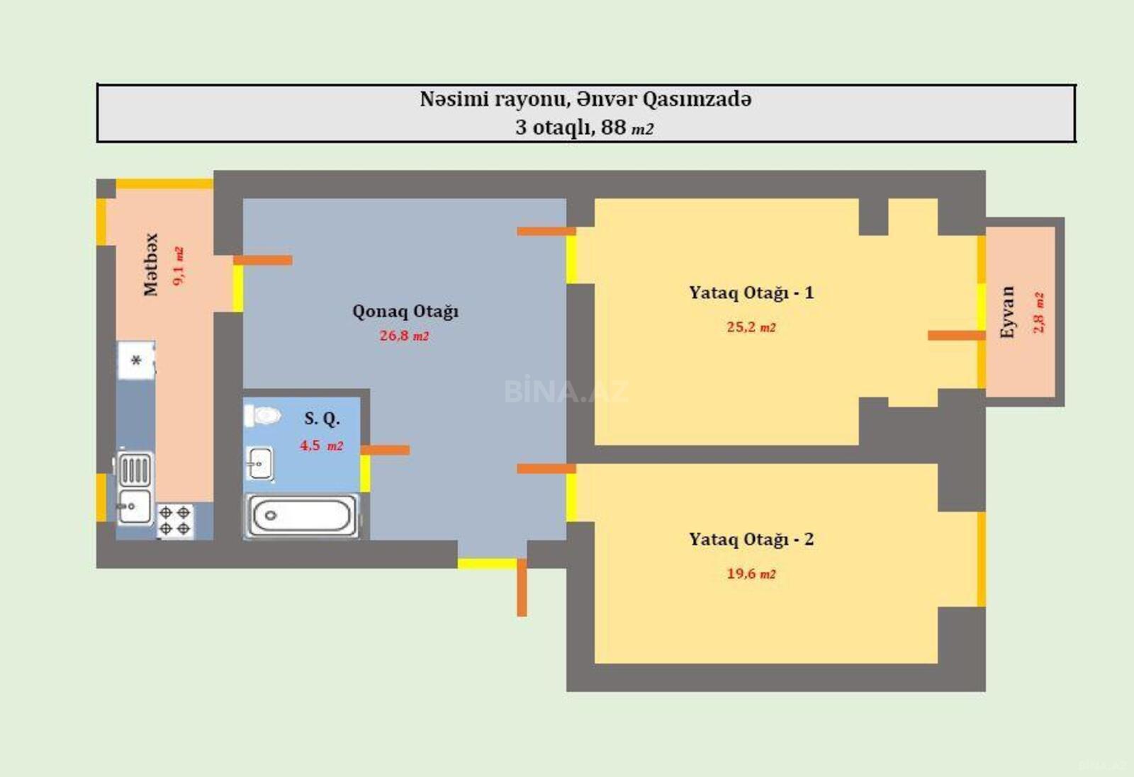 3-комн. вторичка - м. Гянджлик - 90 м² (14)