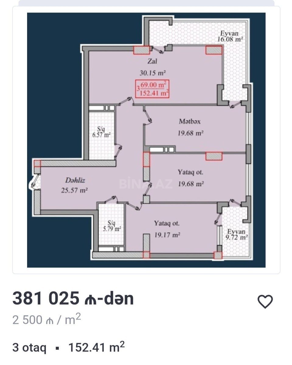 3 otaqlı Yeni tikili, Bayıl q., Bakı