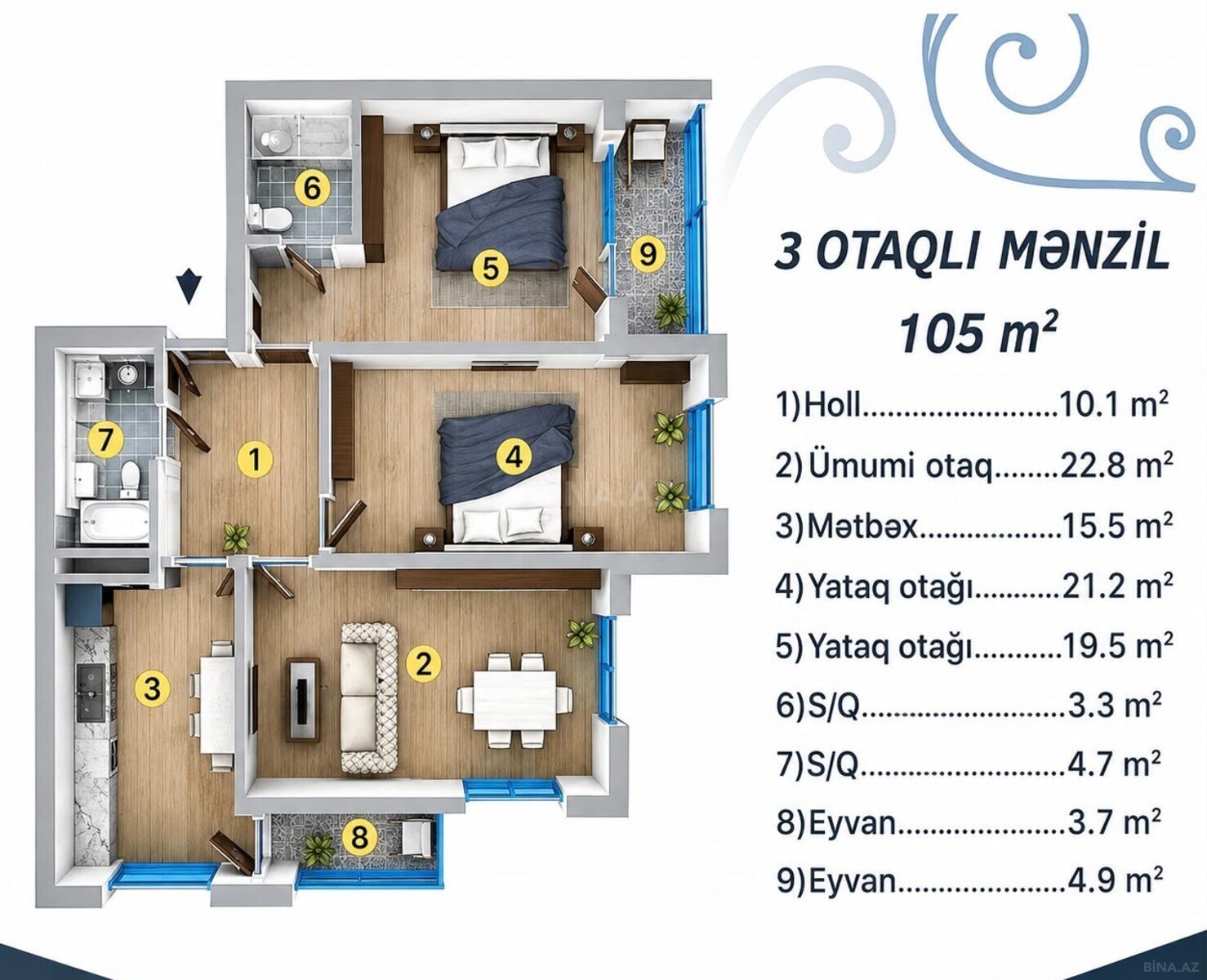 3 otaqlı Yeni tikili, Şah İsmayıl Xətai m., Bakı