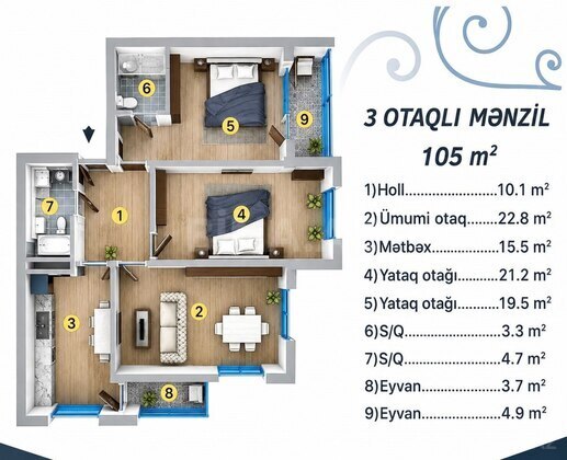 3 otaqlı Yeni tikili, Şah İsmayıl Xətai m., Bakı